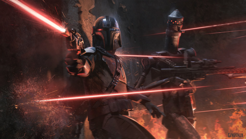 The Mandalorian and IG-11 sustaining heavy fire in the midst of battle.
